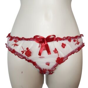Sheer Red Flocked Floral Mesh Bikini Panty Lingerie S/M